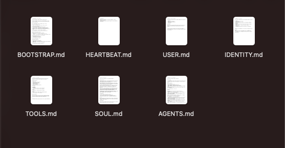 OpenClaw agent folder files including BOOTSTRAP.md, HEARTBEAT.md, USER.md, IDENTITY.md, TOOLS.md, SOUL.md, and AGENTS.md